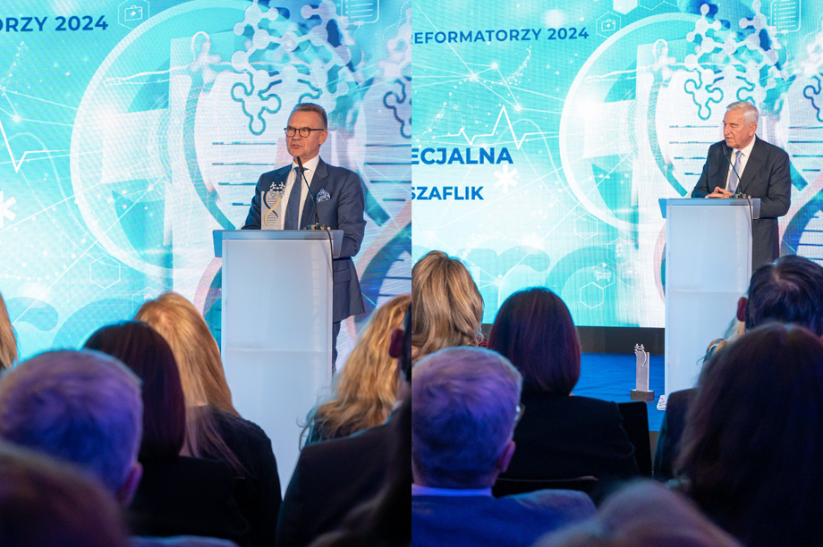 Collage of two photos. Two men at the lecterns at the Health Visionaries Gala